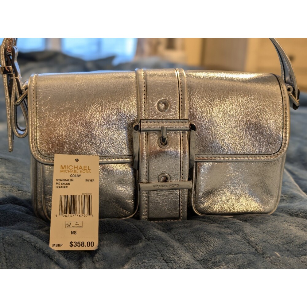 Michael Kors Colby Shoulder Bag Silver Metallic Leather Suede Interior NWT - Picture 2 of 8